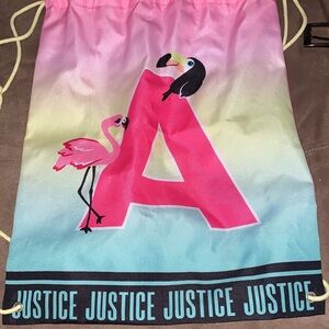 Justice Gradient Drawstring Bag with Flamingo and Toucan Initial A